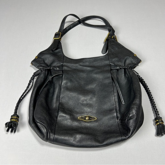 ELLIOT LUCCA Black Leather Tote Hobo Shoulder Bag Tassel Gold Stud Biker Boho - Picture 1 of 14